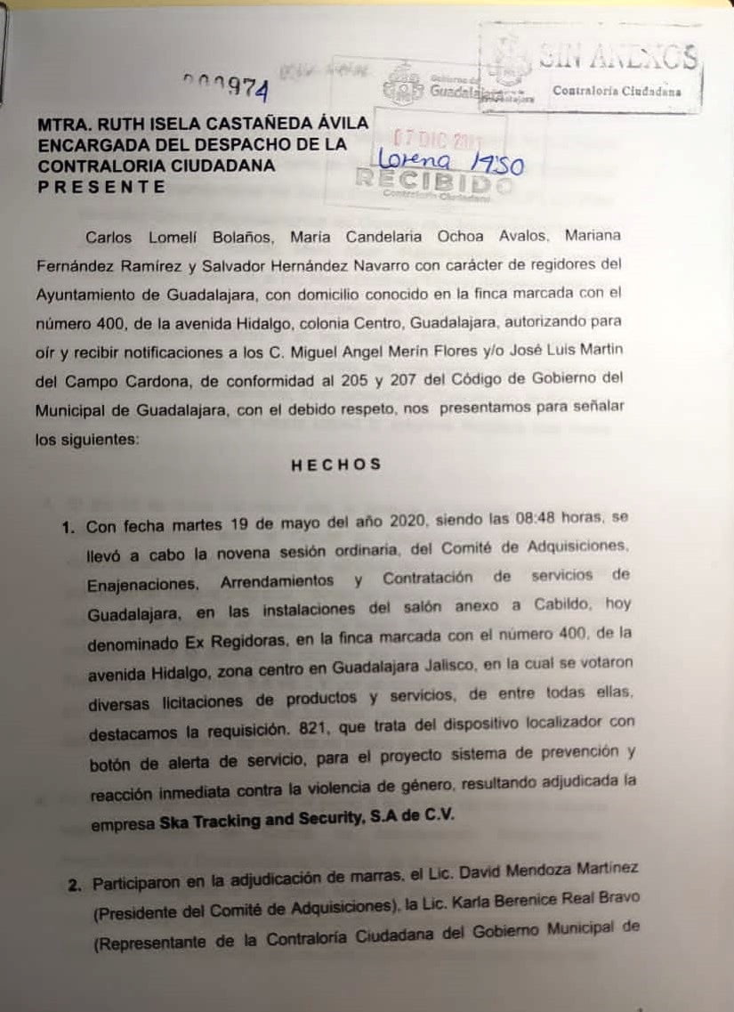 REGIDORES DE MORENA PRESENTAN DENUNCIA ANTE LA CONTRALORÍA CIUDADANA DE GUADALAJARA, POR LA COMPRA DE LOS PULSOS DE VIDA REGIDORES DE MORENA PRESENTAN DENUNCIA ANTE LA CONTRALORÍA CIUDADANA DE GUADALAJARA, POR LA COMPRA DE LOS PULSOS DE VIDA